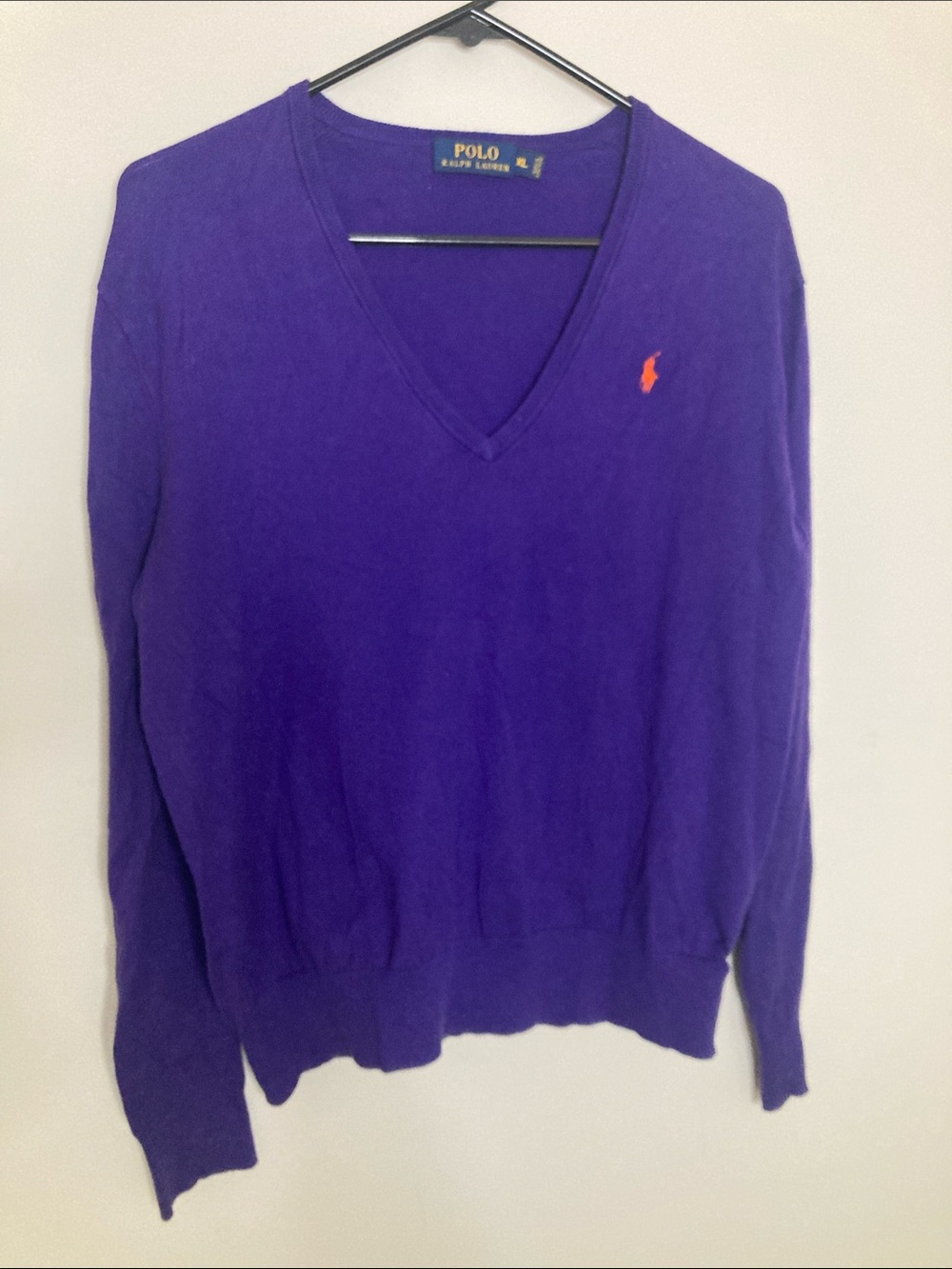 Polo by Ralph Lauren Deep Purple V-Neck Sweater with Orange Logo